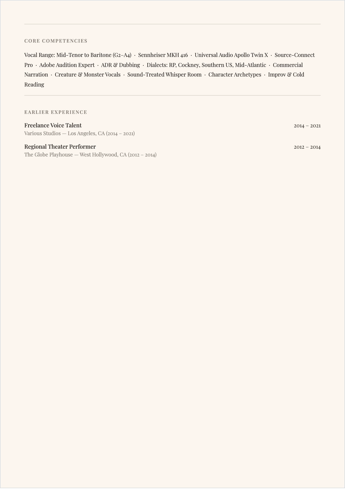Free Competitive Voice Actor ATS Resume Template, AI Resume Builder