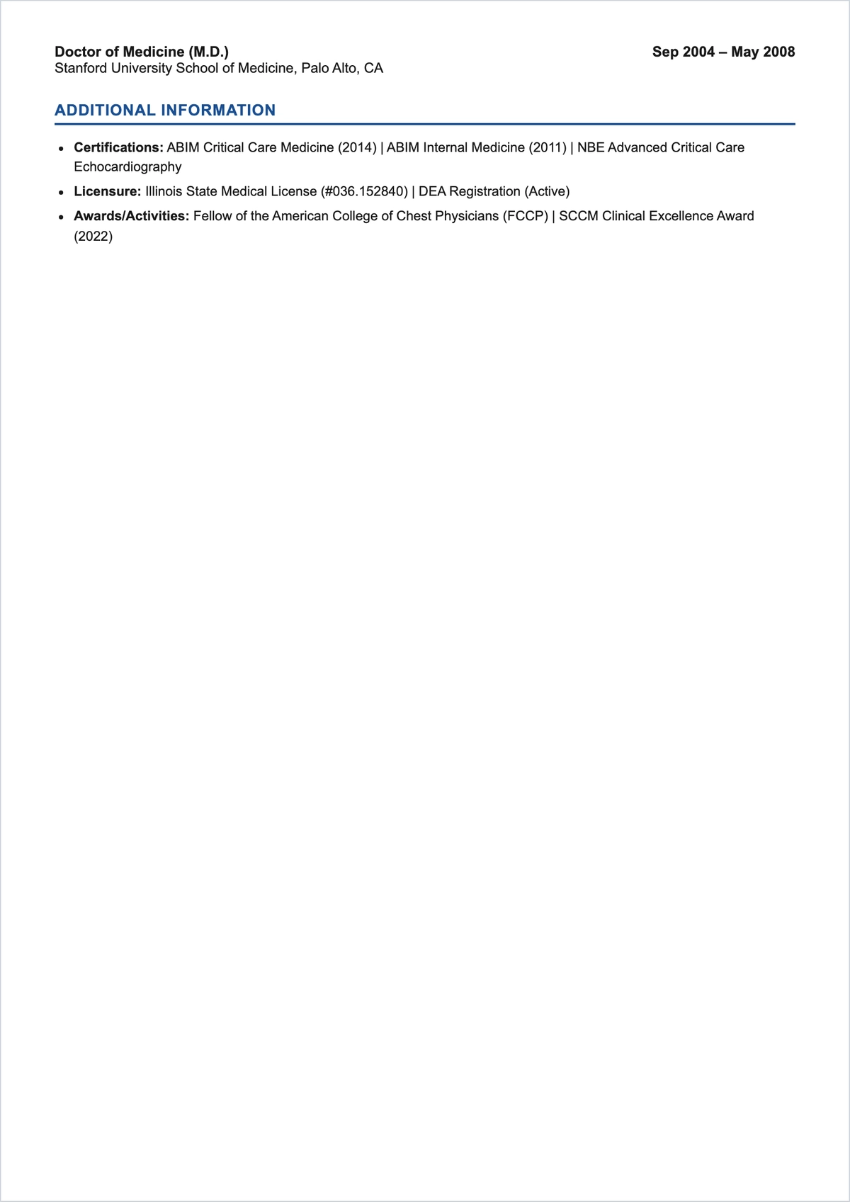 Free ICU Doctor ATS Resume Template, AI Resume Builder