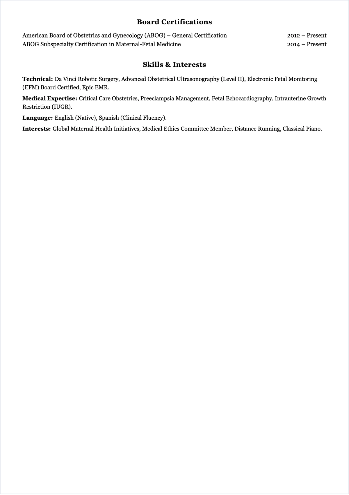 Free Obstetrician Doctor ATS Resume Template, AI Resume Builder