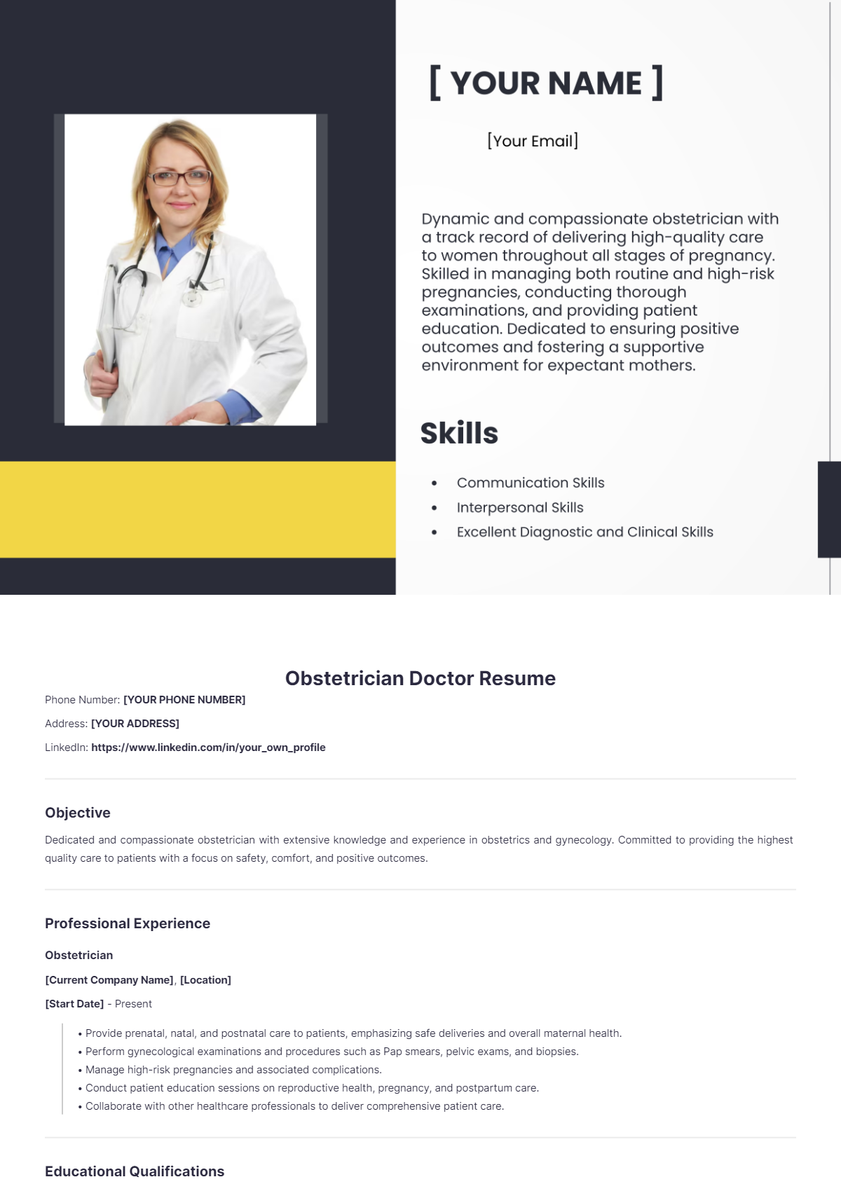 Obstetrician Doctor Resume - Edit Online & Download