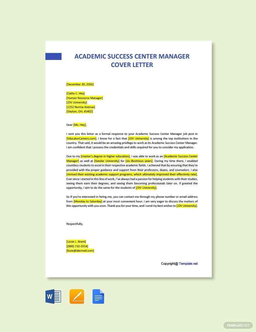 Free Academic Success Center Manager Cover Letter Template