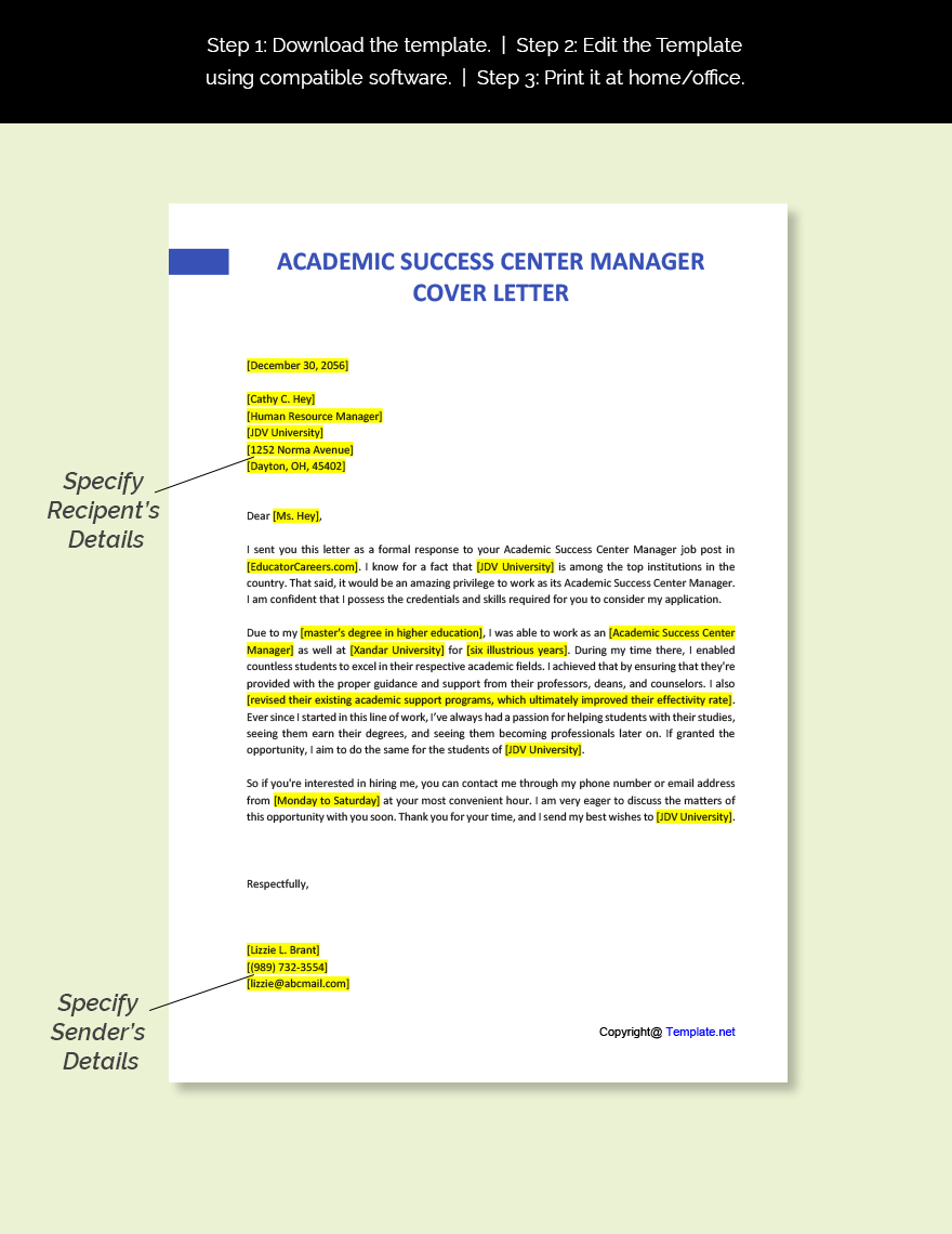 Academic Success Center Manager Cover Letter