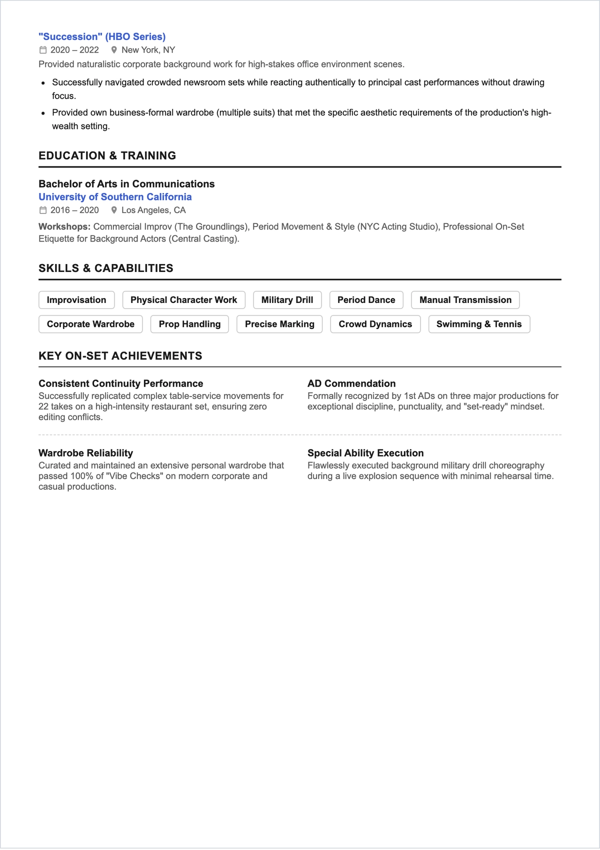 Free Background Actor ATS Resume Template, AI Resume Builder