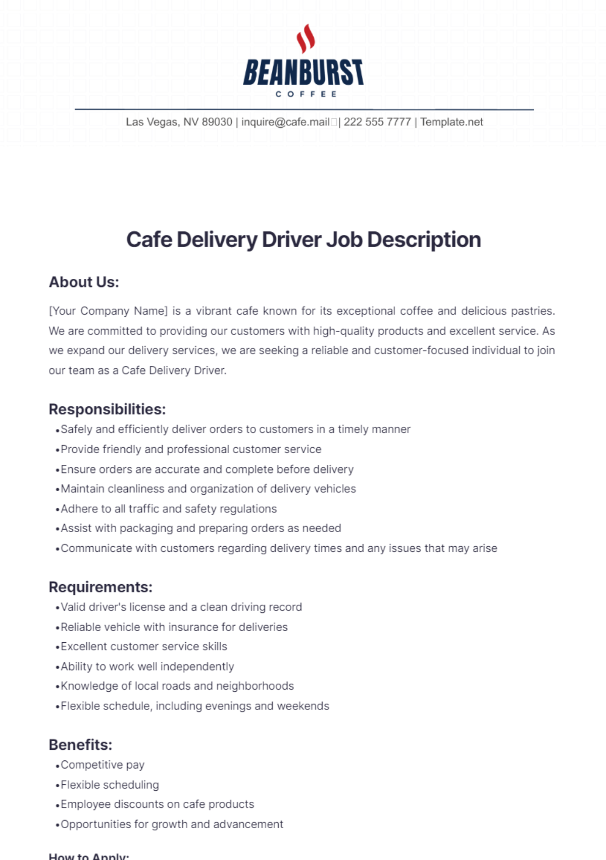 Cafe Delivery Driver Job Description Template - Edit Online & Download