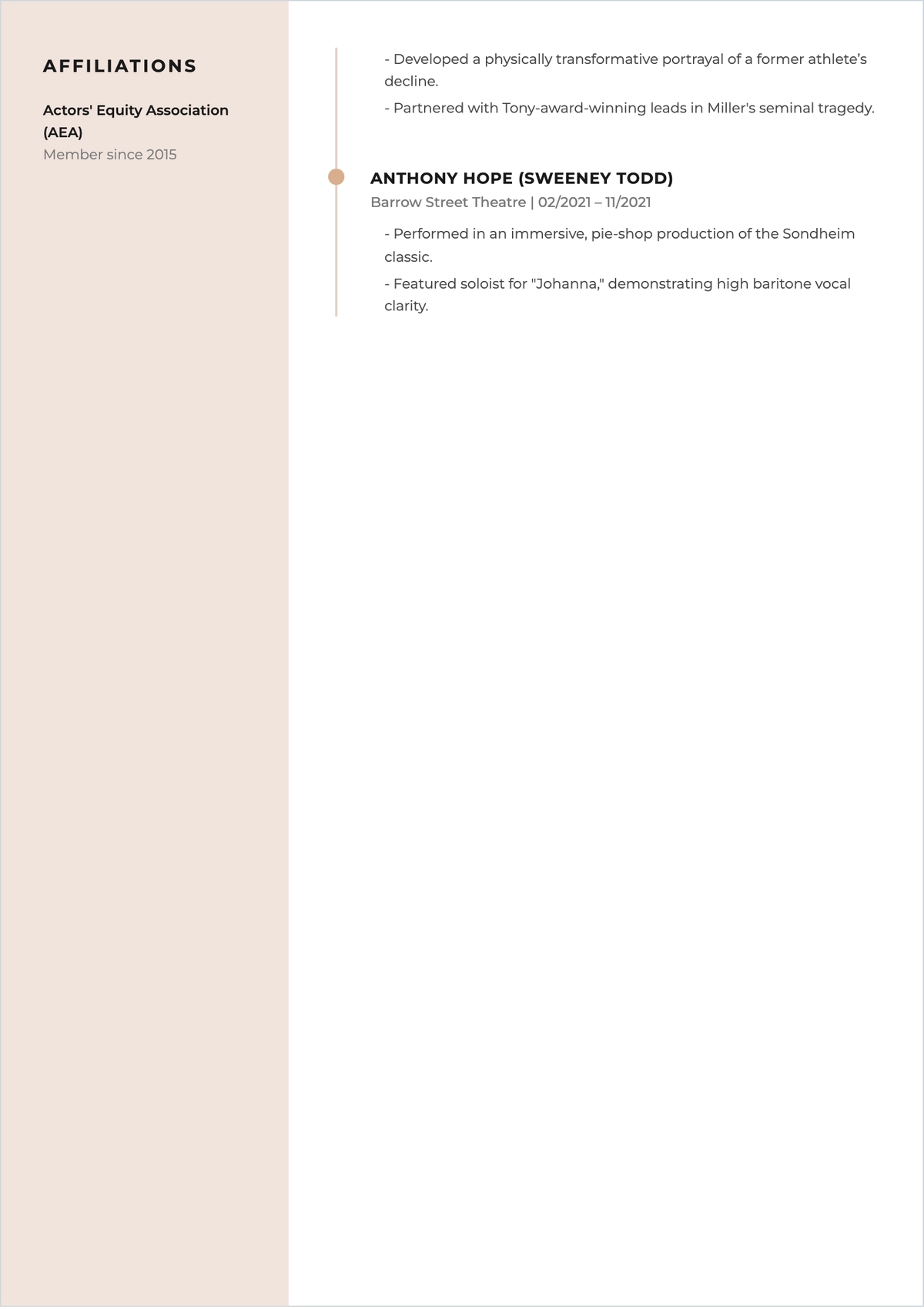 Free Theatre Actor ATS Resume Template, AI Resume Builder