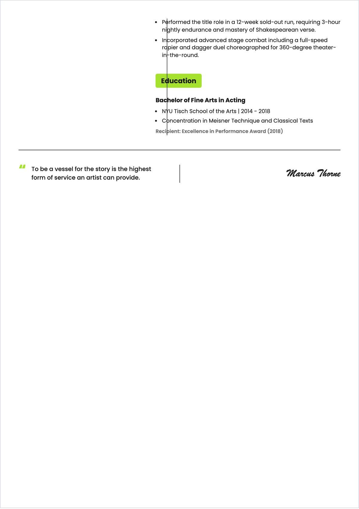 Free Entertainment Actor ATS Resume Template, AI Resume Builder