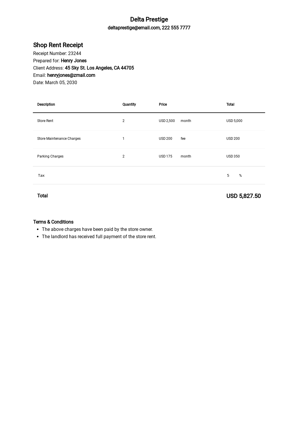 Shop Rent Receipt Template