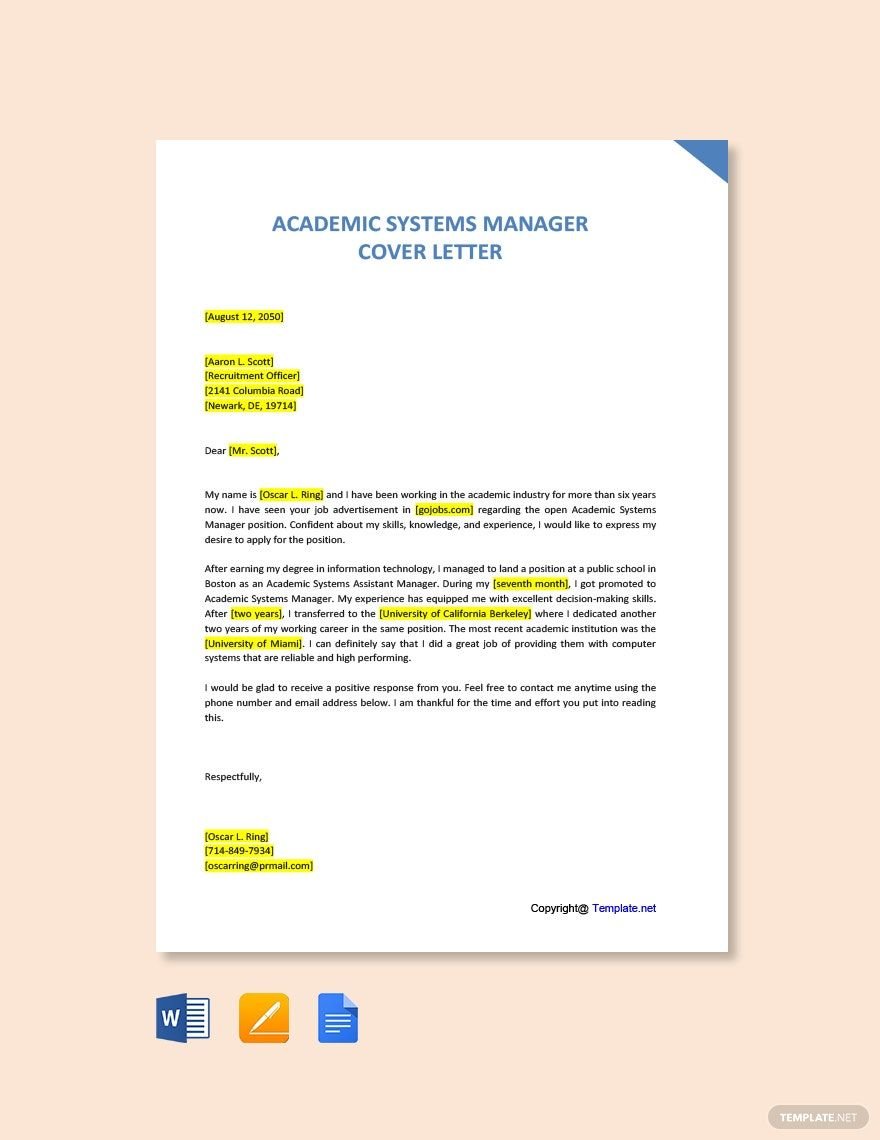 Academic Systems Manager Cover Letter in Word, Google Docs, PDF, Apple Pages