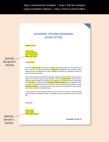 Academic Systems Manager Cover Letter Template