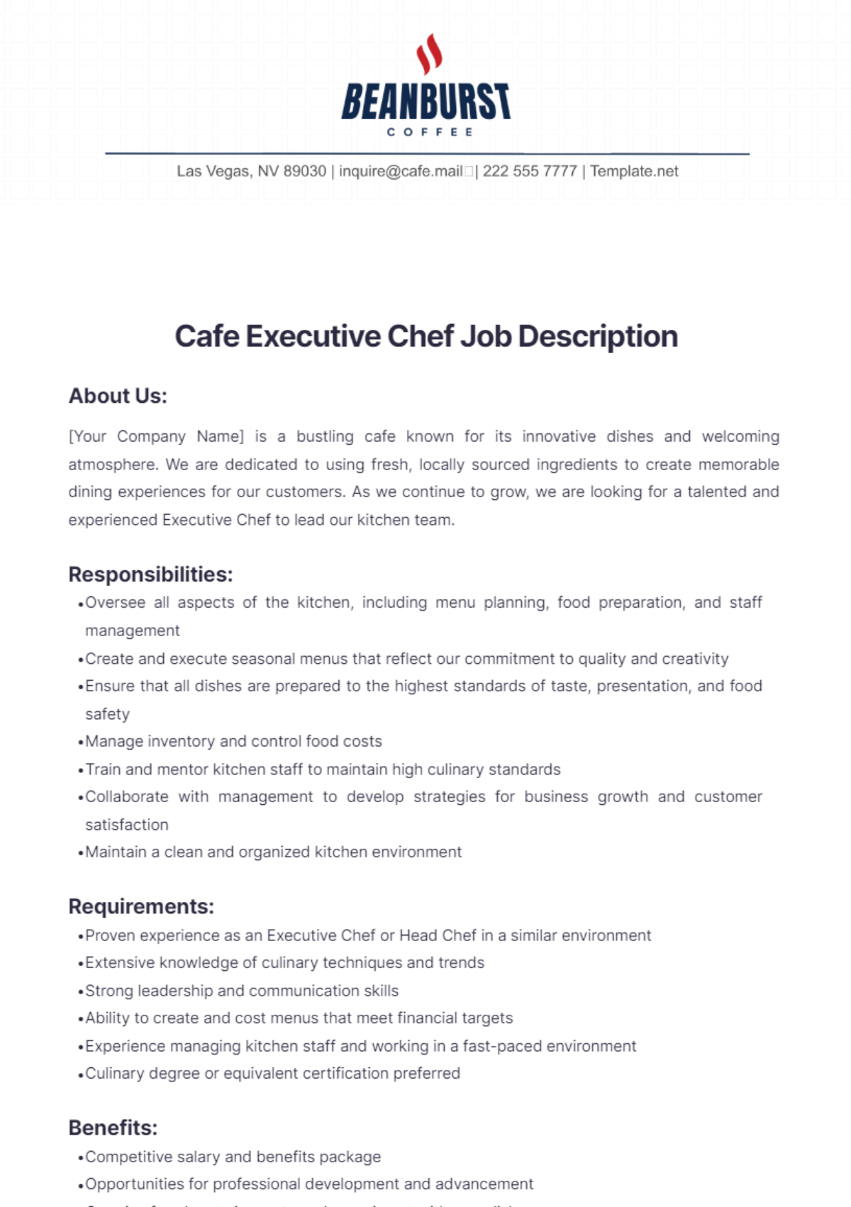 Cafe Executive Chef Job Description Template - Edit Online & Download