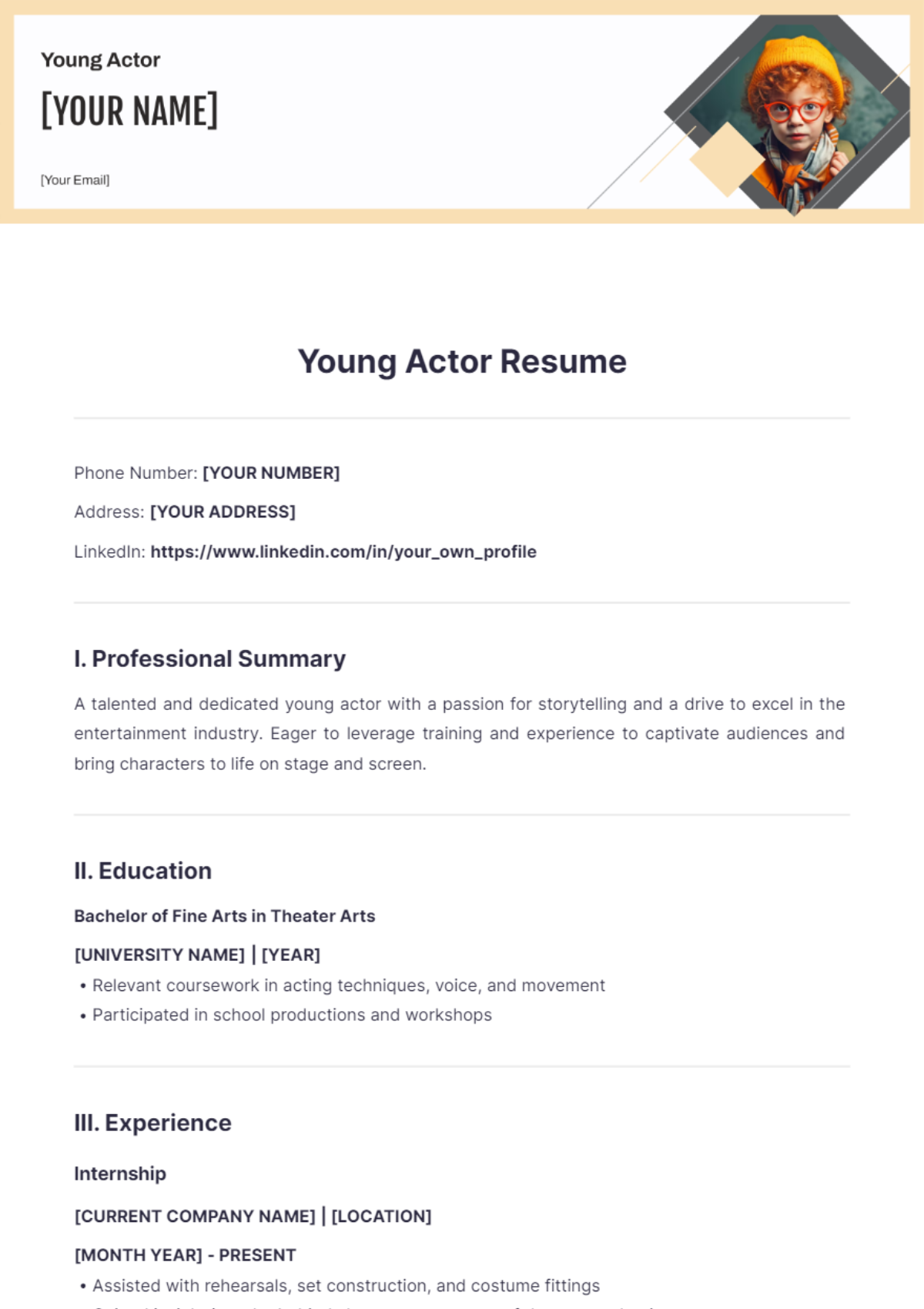 Free Young Actor Resume Template - Edit Online & Download | Template.net