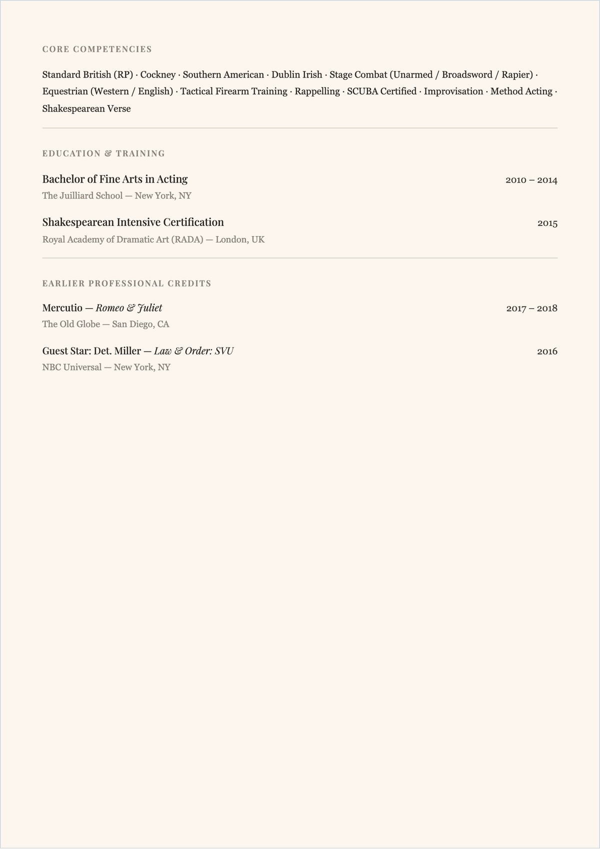Free Lead Actor ATS Resume Template, AI Resume Builder