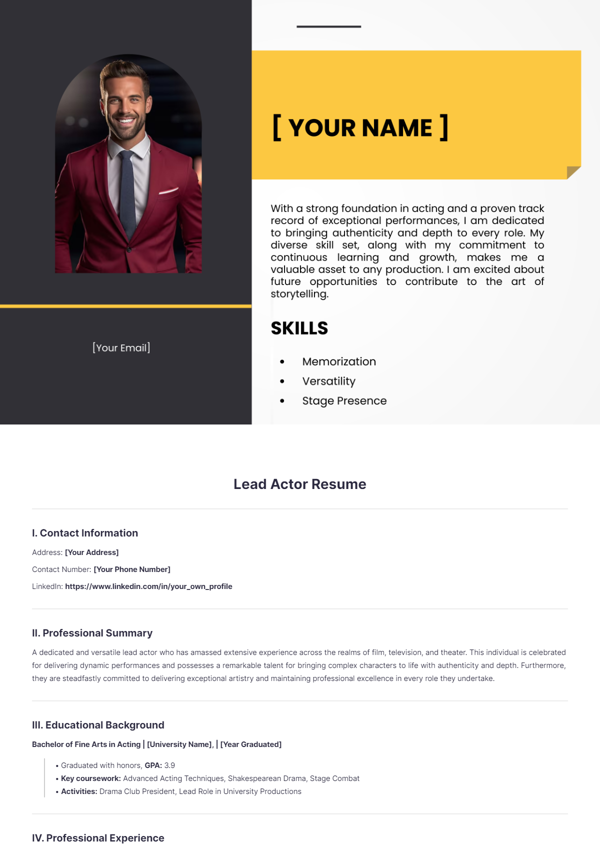 Lead Actor Resume - Edit Online & Download