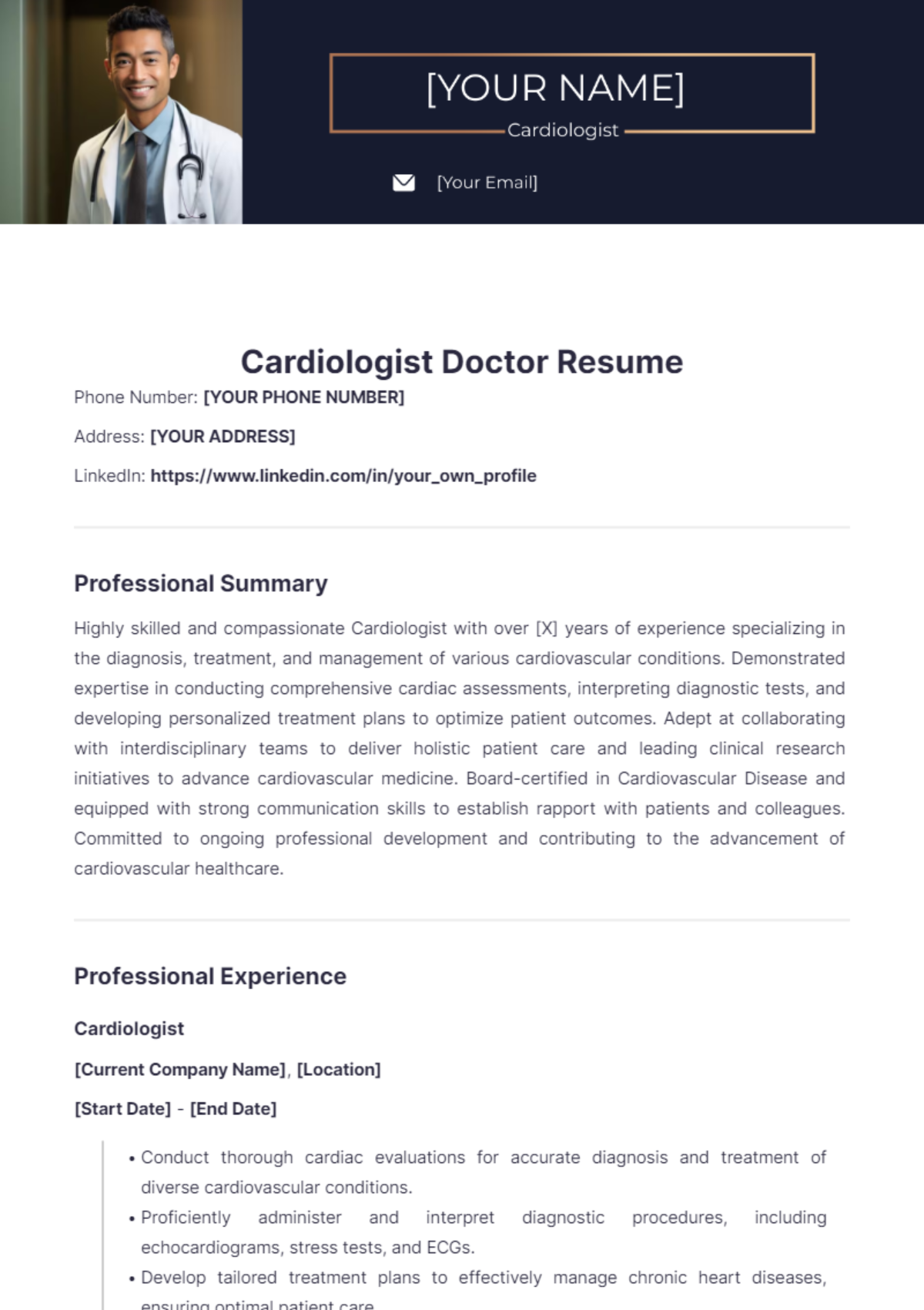 Cardiologist Doctor Resume - Edit Online & Download