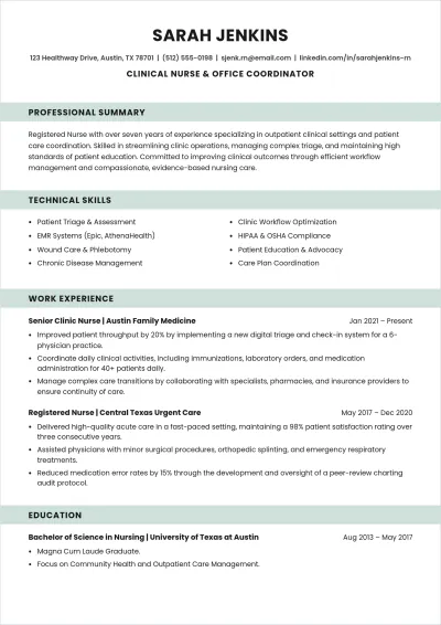 Free Doctor Office Nurse ATS Resume Template, AI Resume Builder