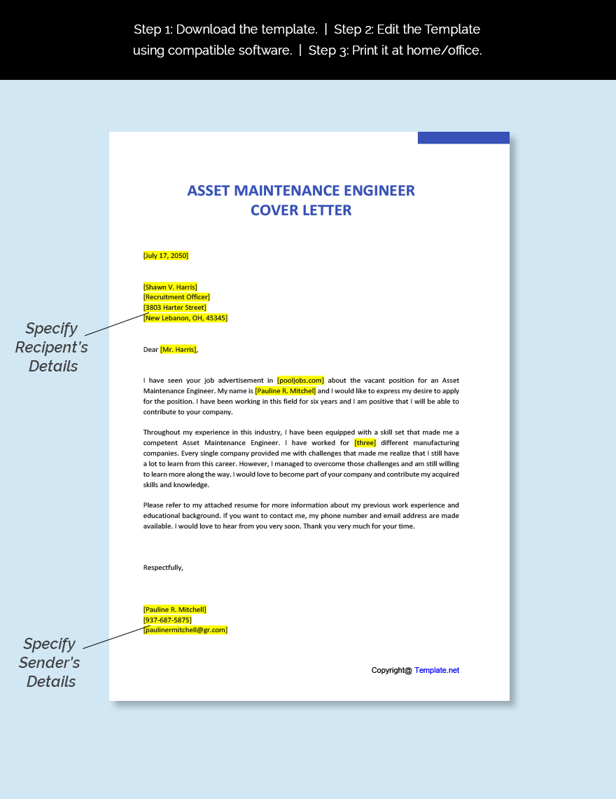 Asset Maintenance Engineer Cover Letter