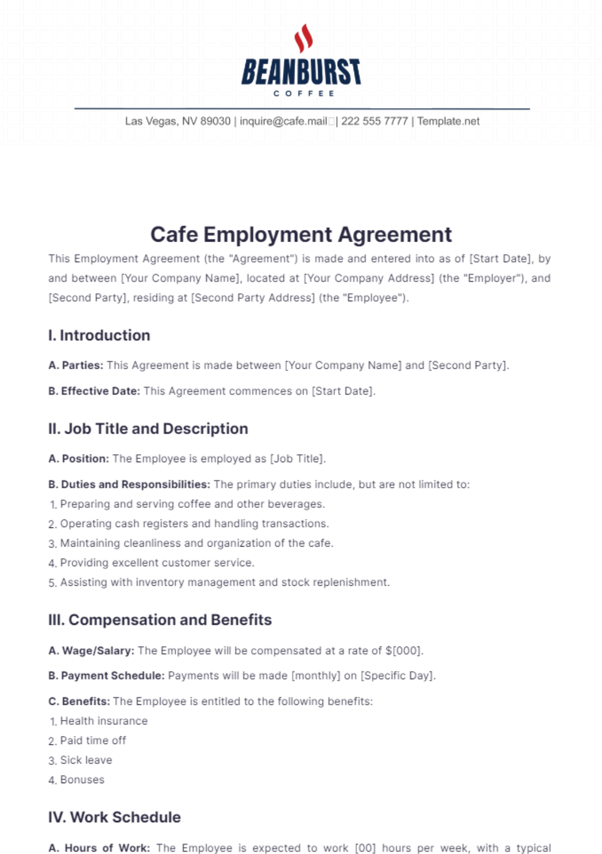 Cafe Employment Agreement Template - Edit Online & Download