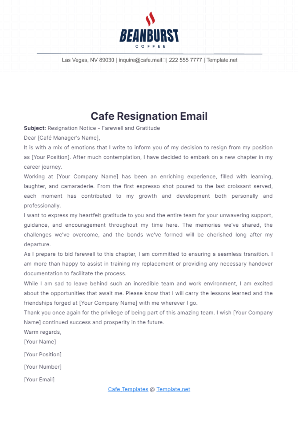 Cafe Resignation Email Template - Edit Online & Download