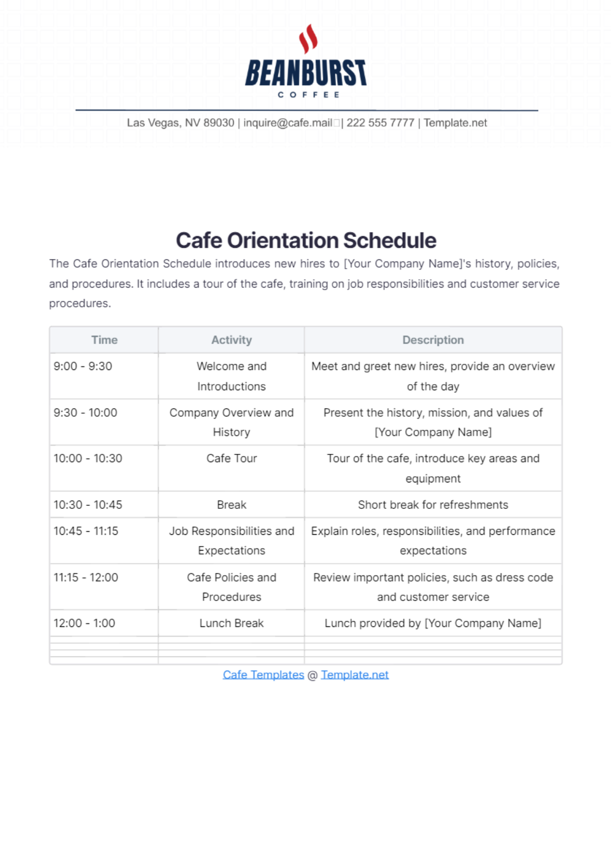 Cafe Orientation Schedule Template - Edit Online & Download