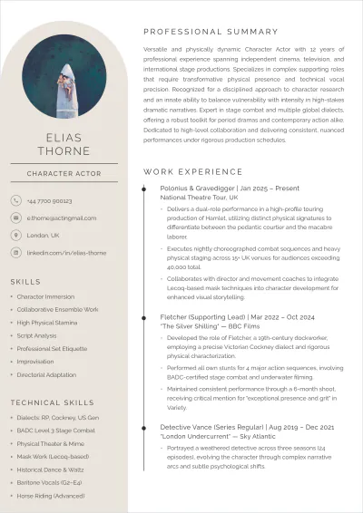 Free Character Actor ATS Resume Template, AI Resume Builder