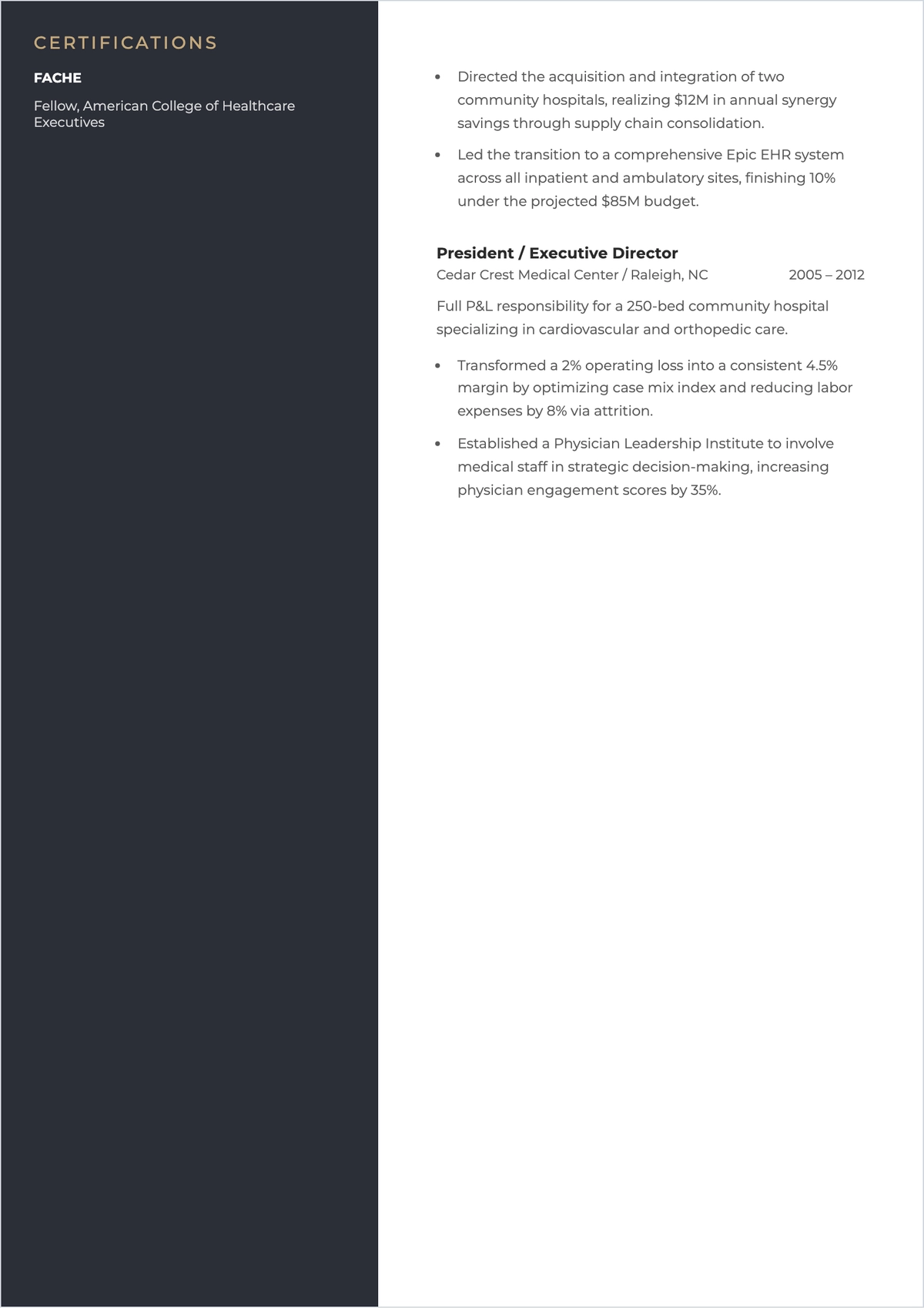 Free Hospital CEO ATS Resume Template, AI Resume Builder