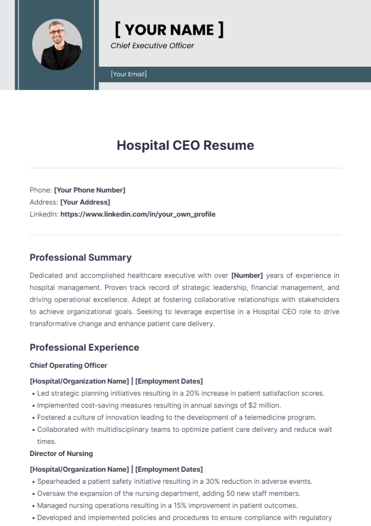 Hospital CEO Resume - Edit Online & Download