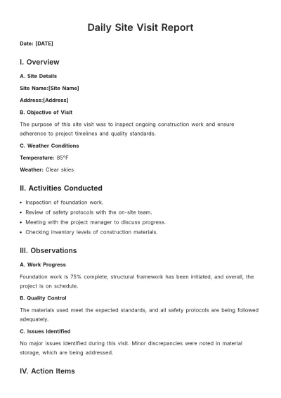 Free Daily Site Visit Report Template to Edit Online