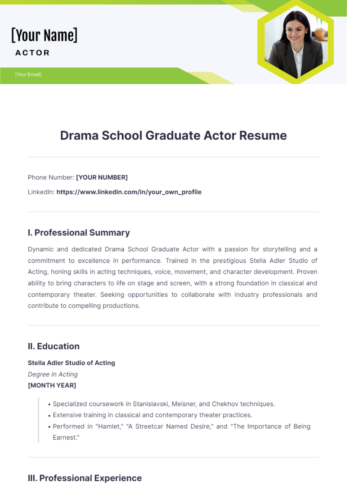 Drama School Graduate Actor Resume - Edit Online & Download