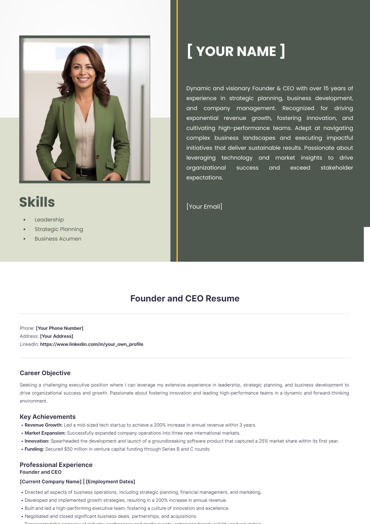 Free Founder and CEO Resume Template - Edit Online & Download ...