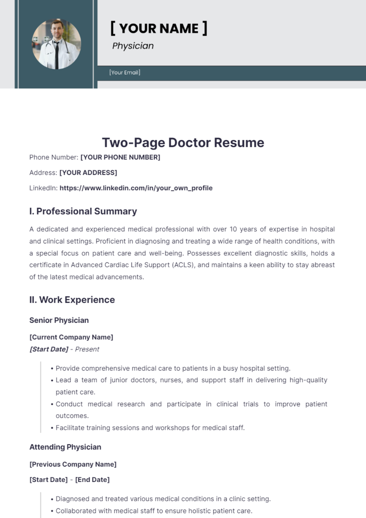 Two-Page Doctor Resume - Edit Online & Download