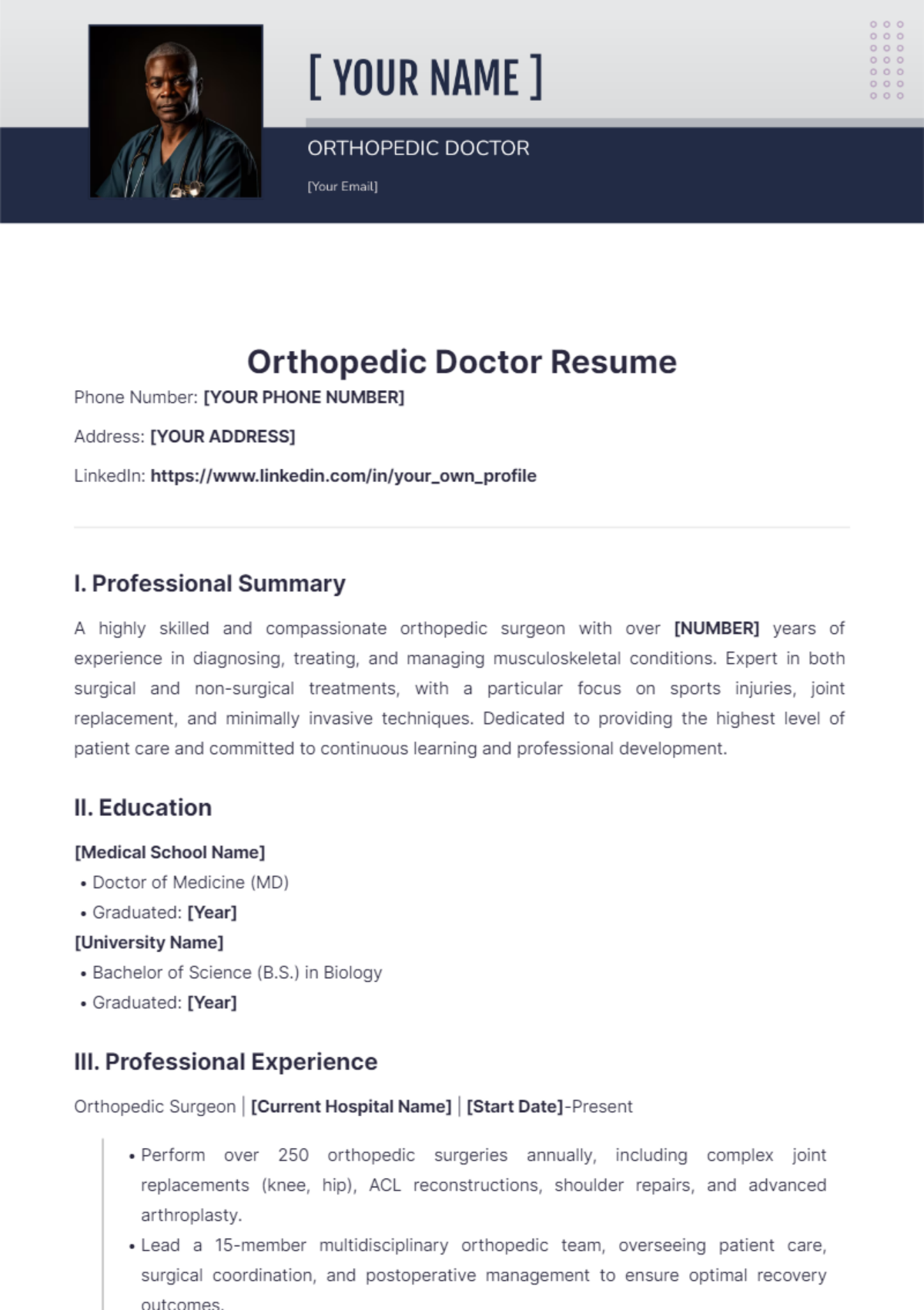 Orthopedic Doctor Resume - Edit Online & Download