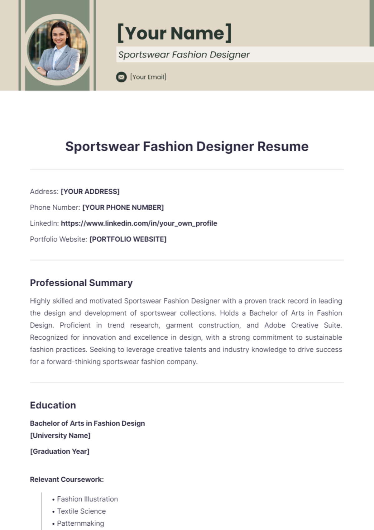 Sportswear Fashion Designer Resume - Edit Online & Download