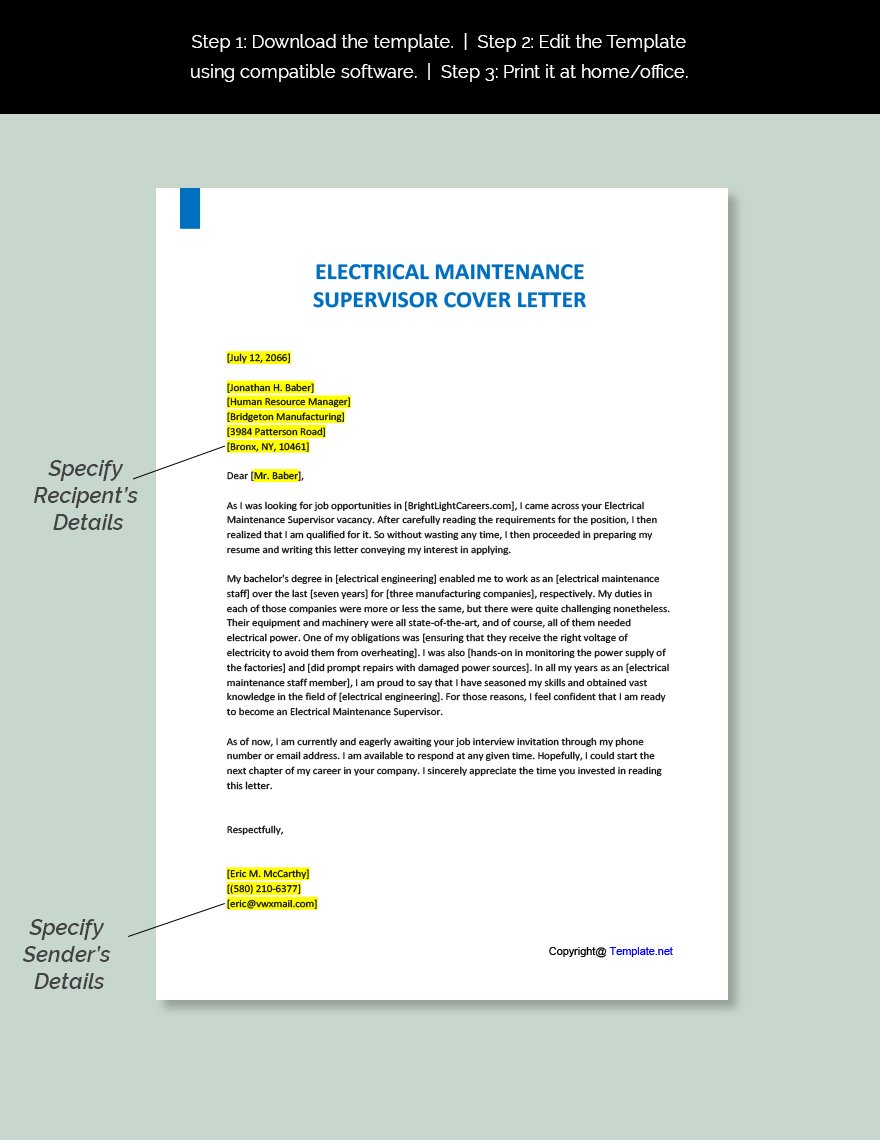 Electrical Maintenance Supervisor Cover Letter