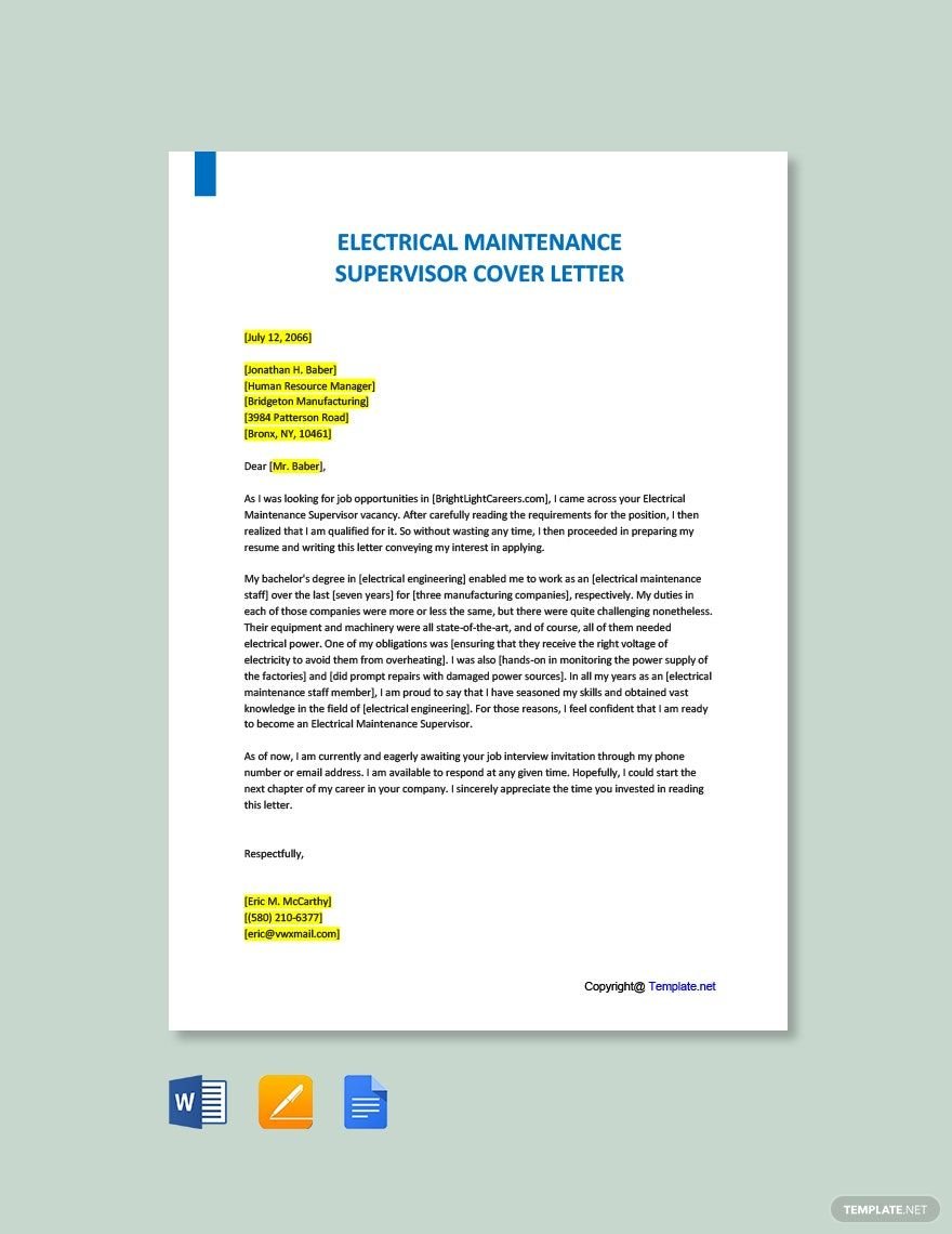 Free Electrical Maintenance Supervisor Cover Letter Template