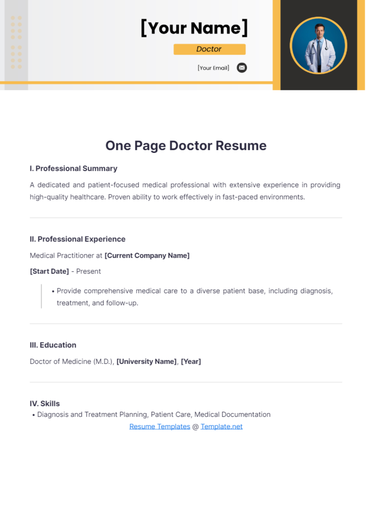 One Page Doctor Resume - Edit Online & Download