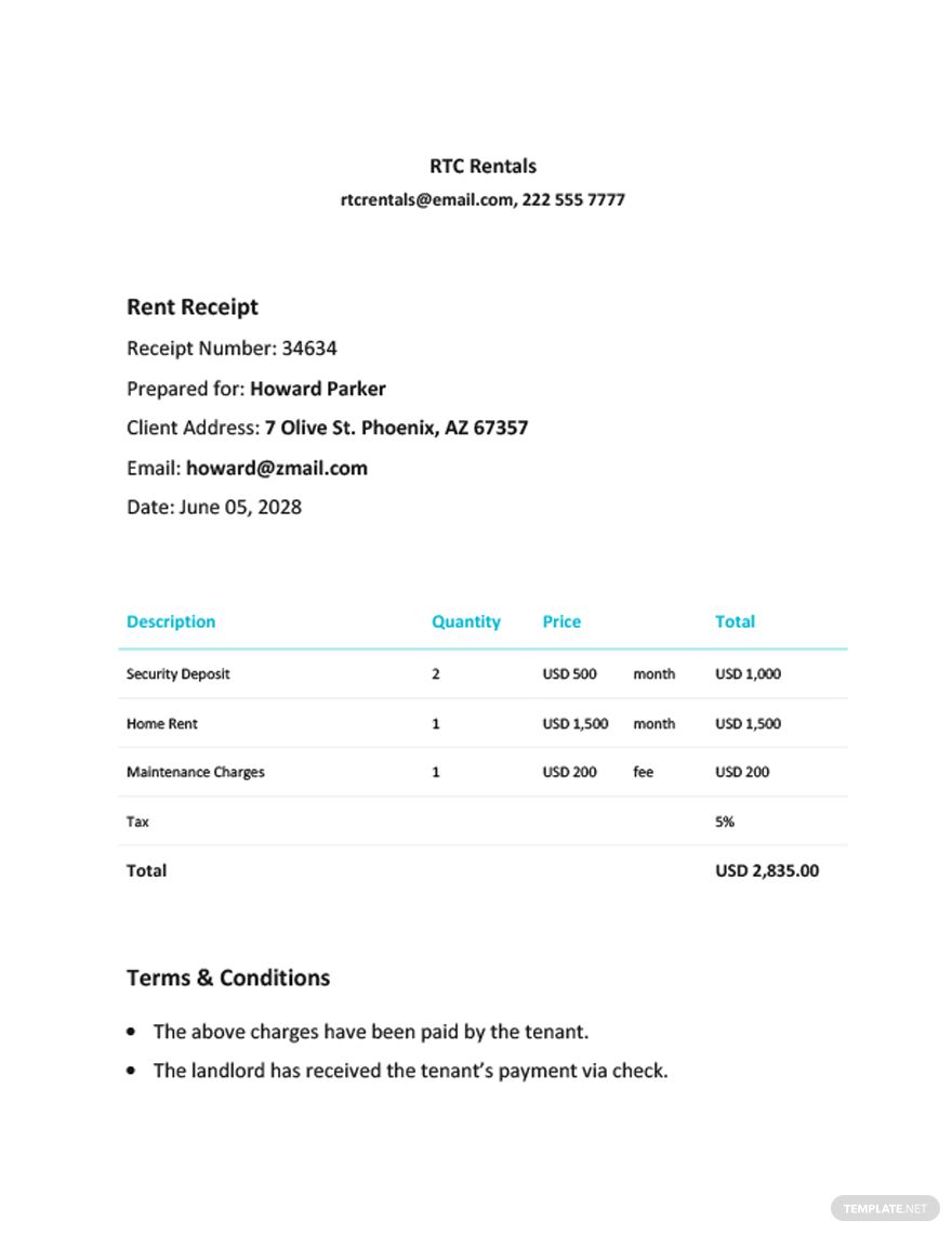 Simple Rent Receipt Template in Word, Google Docs, Google Sheets