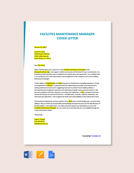 Facilities Maintenance Manager Cover Letter