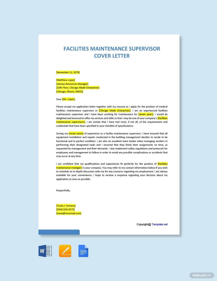 Facilities Maintenance Supervisor Cover Letter