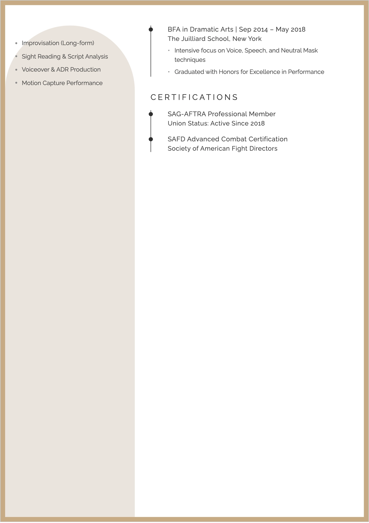Free Actor ATS Resume With Photo Template, AI Resume Builder