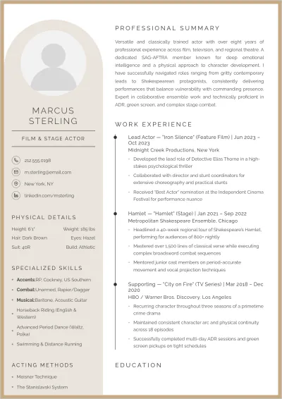Free Actor ATS Resume With Photo Template, AI Resume Builder