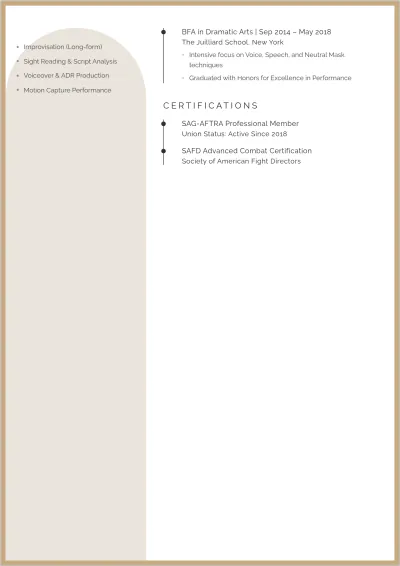 Free Actor ATS Resume With Photo Template, AI Resume Builder