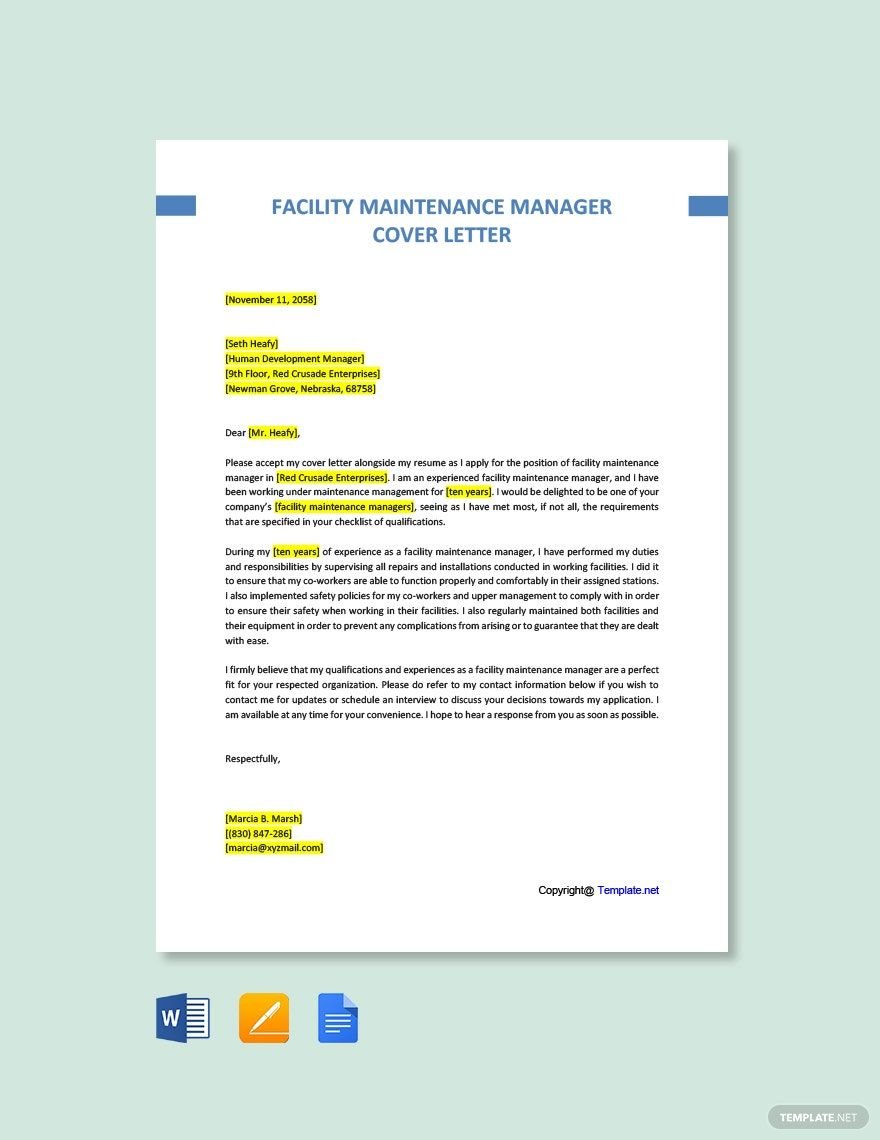 Facility Maintenance Manager Cover Letter