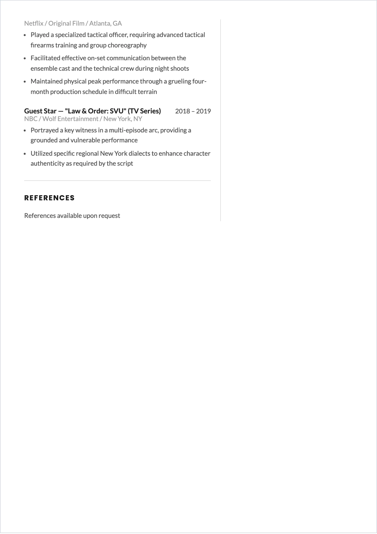 Free Actor ATS Resume For Auditions Template, AI Resume Builder