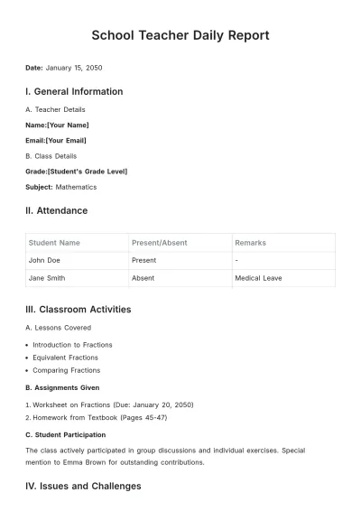Free School Teacher Daily Report Template to Edit Online