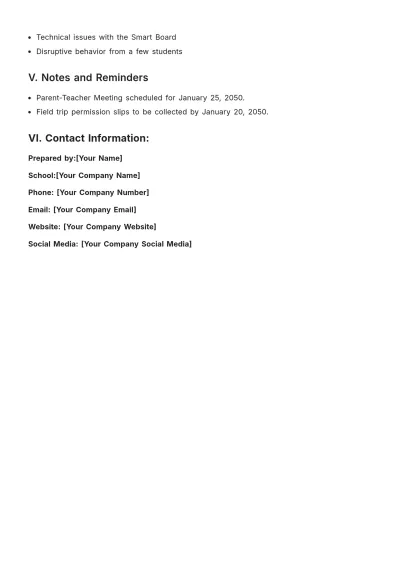 Free School Teacher Daily Report Template to Edit Online