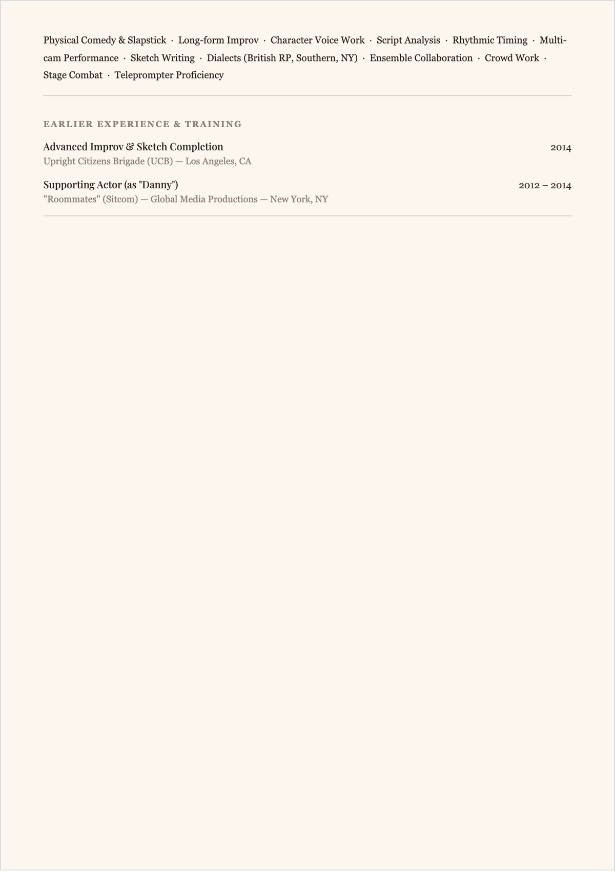 Free Comedy Actor ATS Resume Template, AI Resume Builder