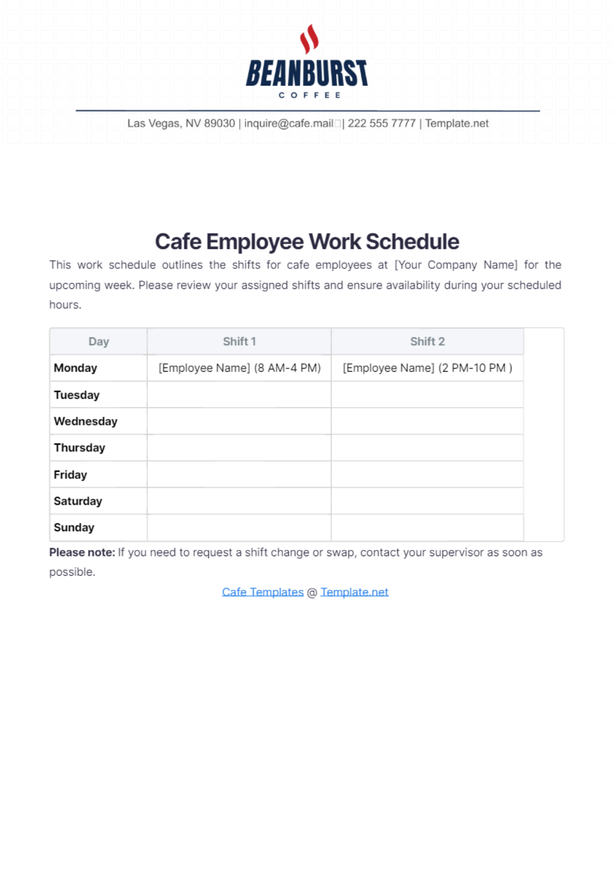 Cafe Employee Work Schedule Template - Edit Online & Download