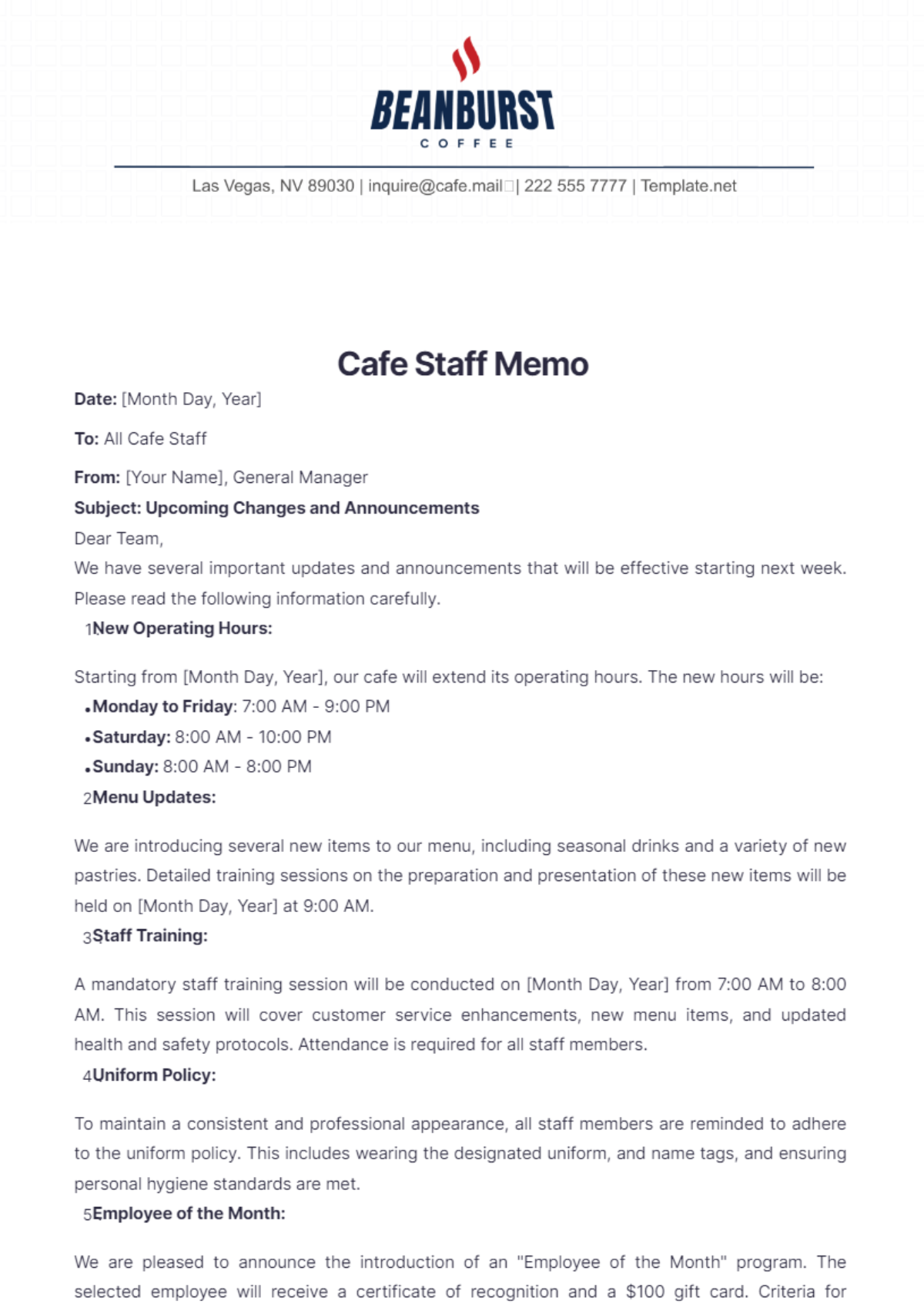 Cafe Staff Memo Template - Edit Online & Download