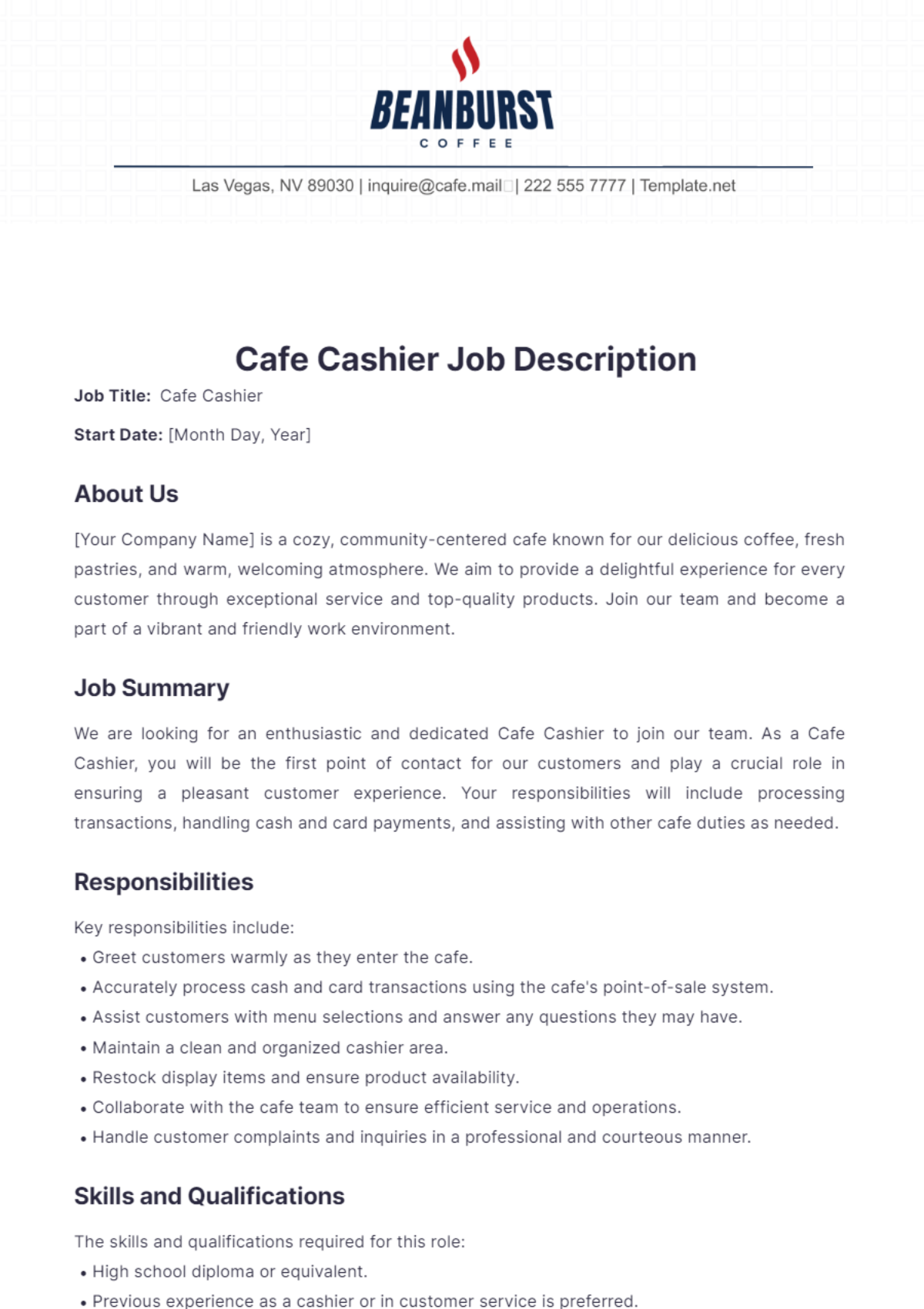 Cafe Cashier Job Description Template - Edit Online & Download