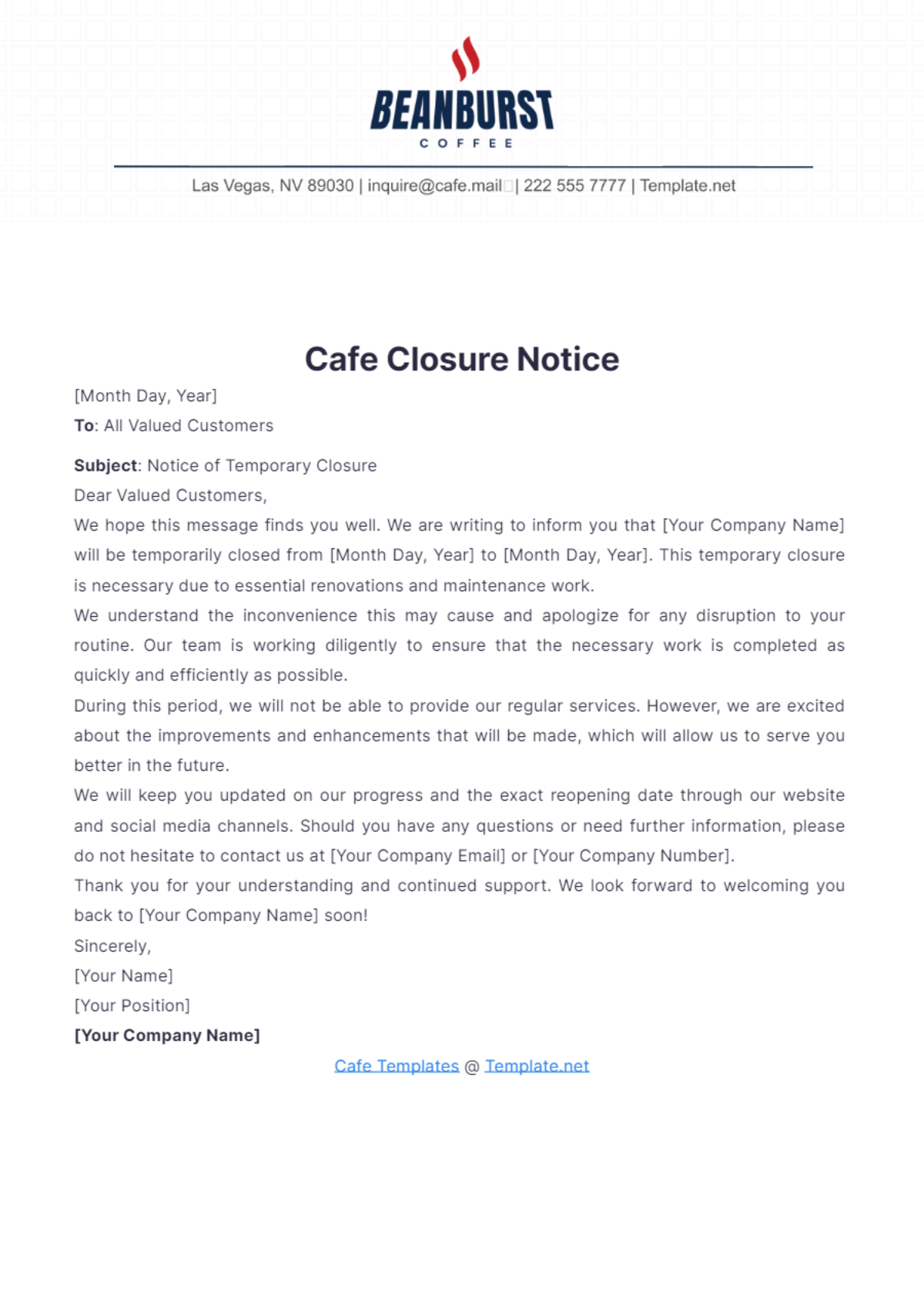 Cafe Closure Notice Template - Edit Online & Download